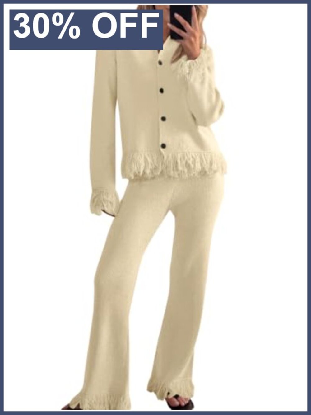Knit Button Down Cardigan & Flare Pant 2 Piece Set Fringe Hem